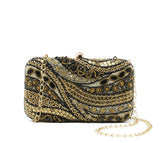 Black woven fabric evening bag with gold chain strap  23" drop for shoulder or crossbody wear.