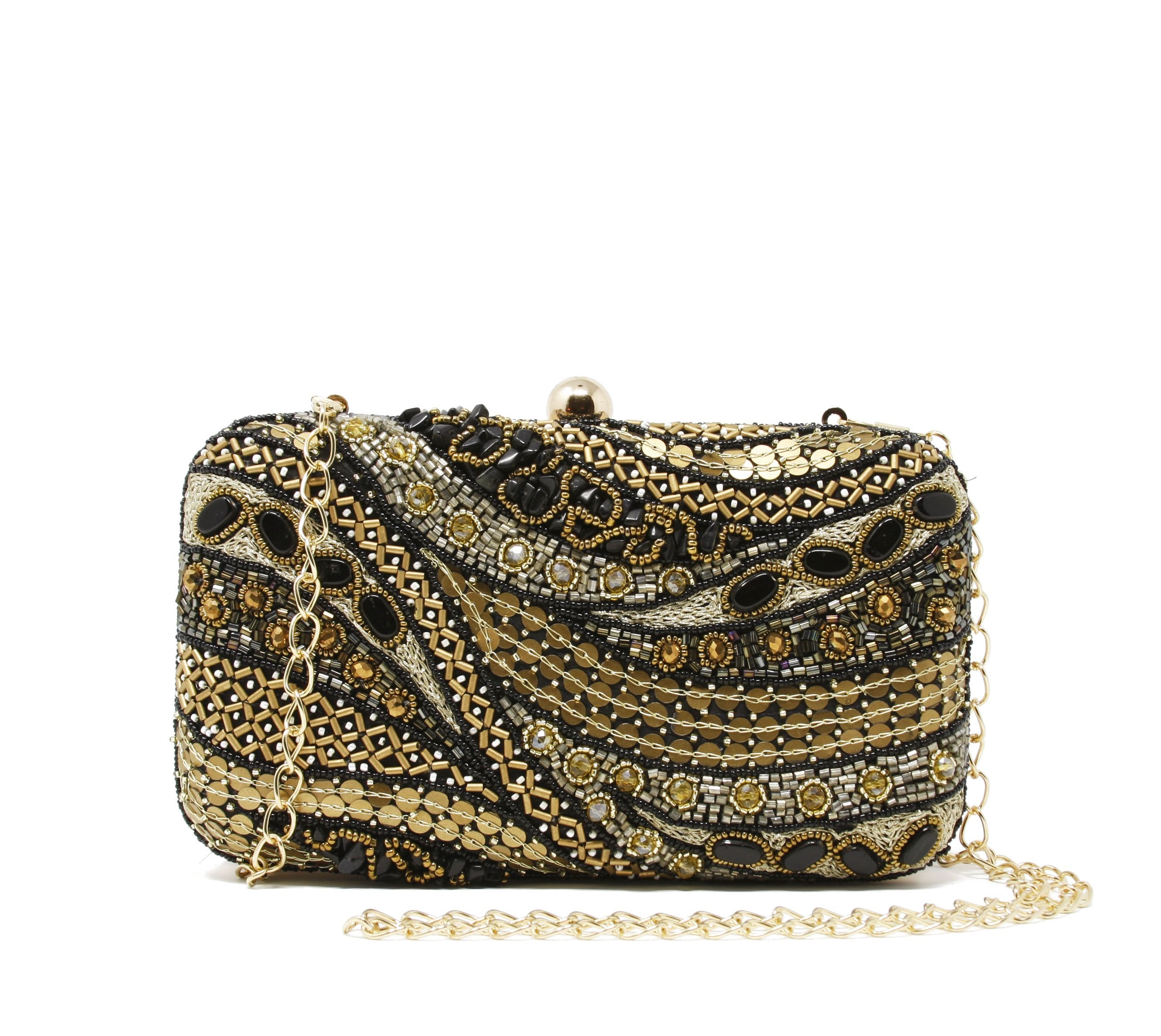 Gold chain strap with 23" drop for shoulder or crossbody wear. Heavy embroidery with beads & stones.