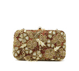 Red and gold clutch with beads, stones, and sequins embroidery & red woven fabric back