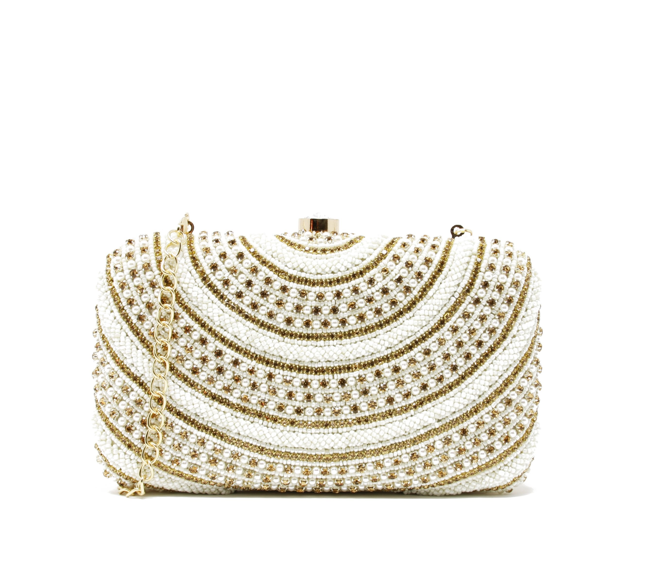 Ivory and white clutch with Gold chain strap for crossbody wear