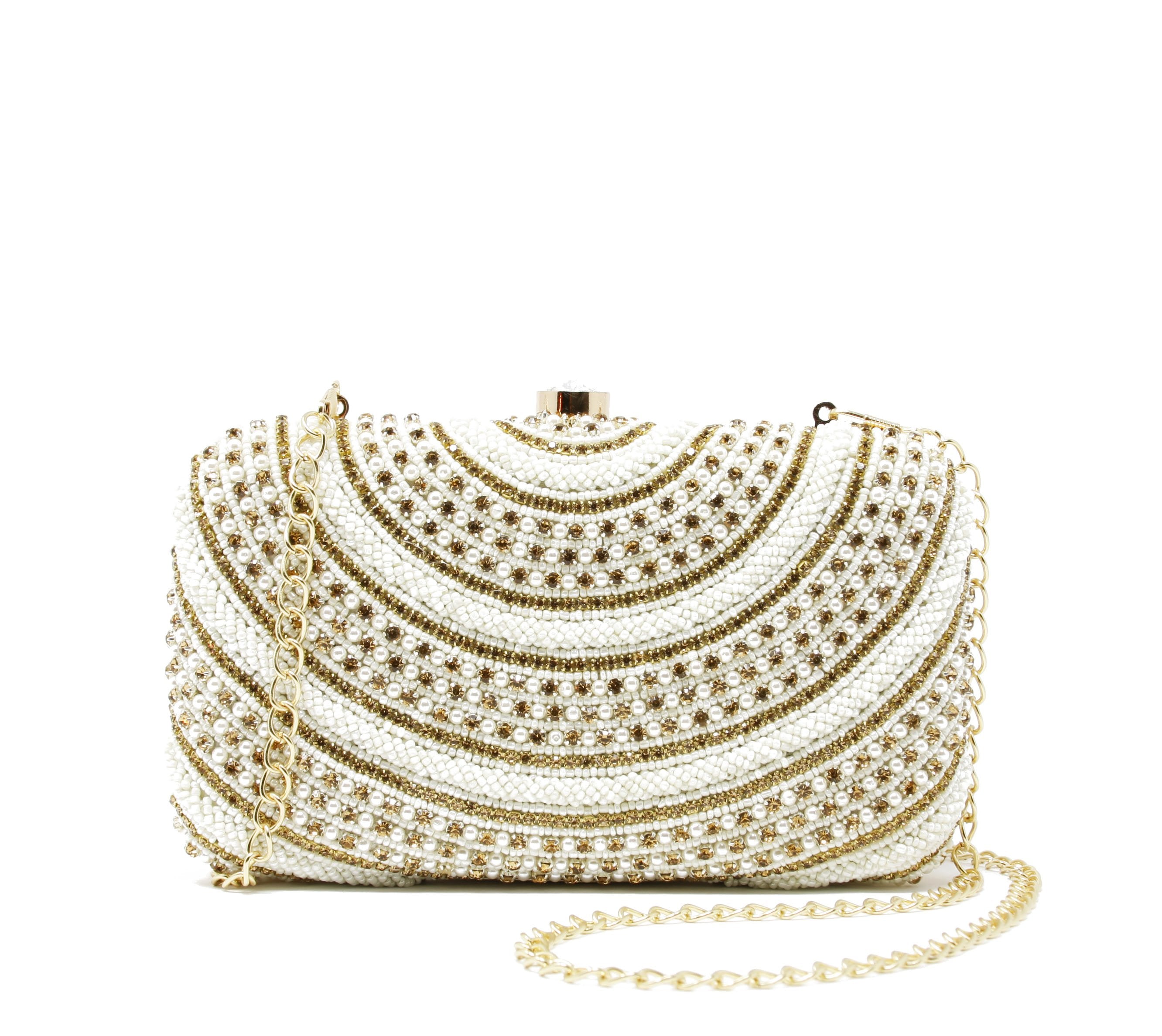 Ivory and white clutch with plain off-white back & has Gold chain strap