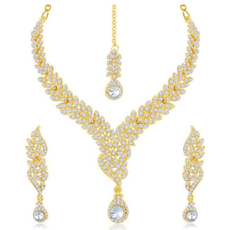 Gold, Silver 3 piece Necklace set with earrings and bindi (forehead piece)
