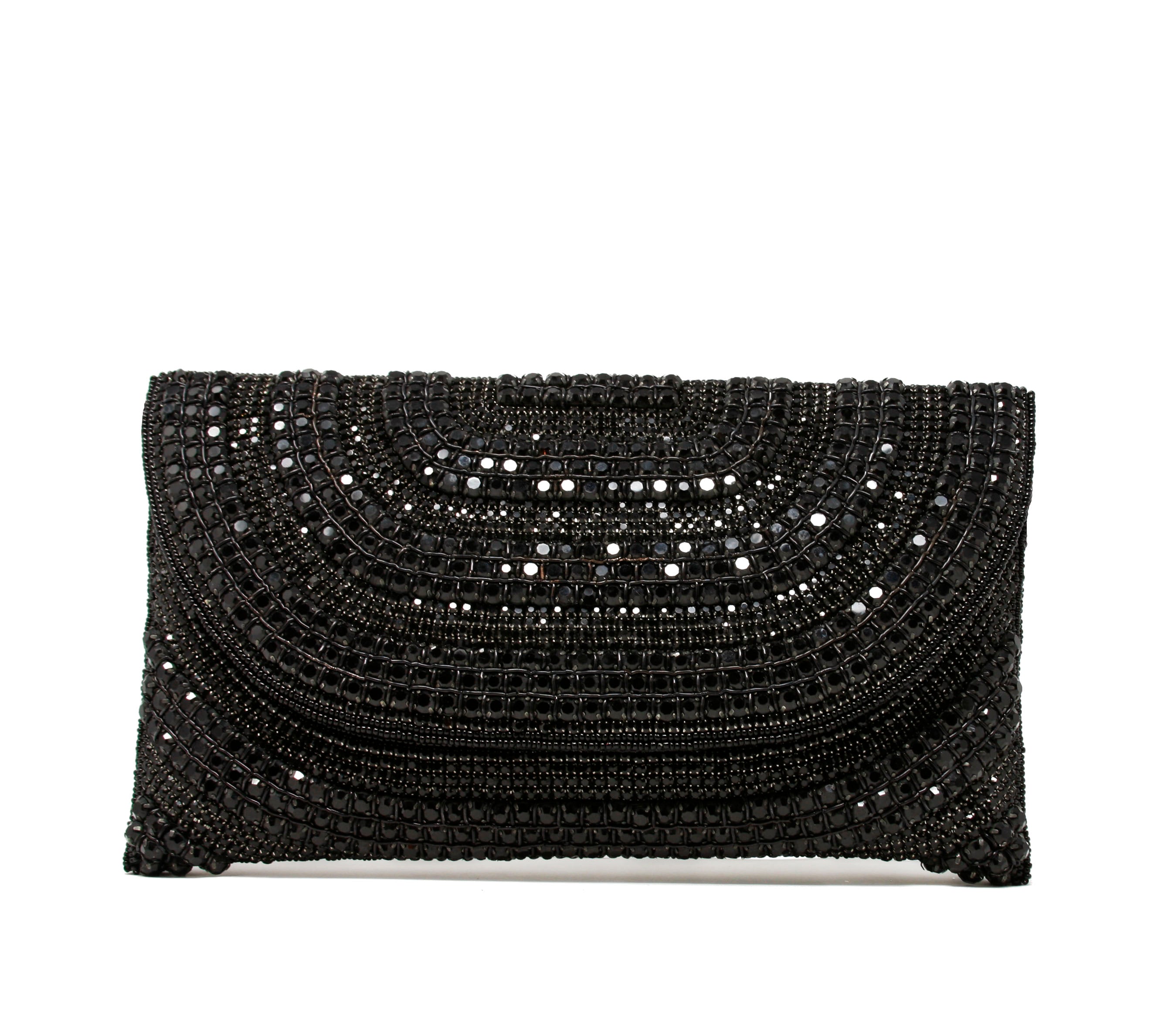 Black, twisting beaded wristlet with silver crystals evening bag included inside pocket.