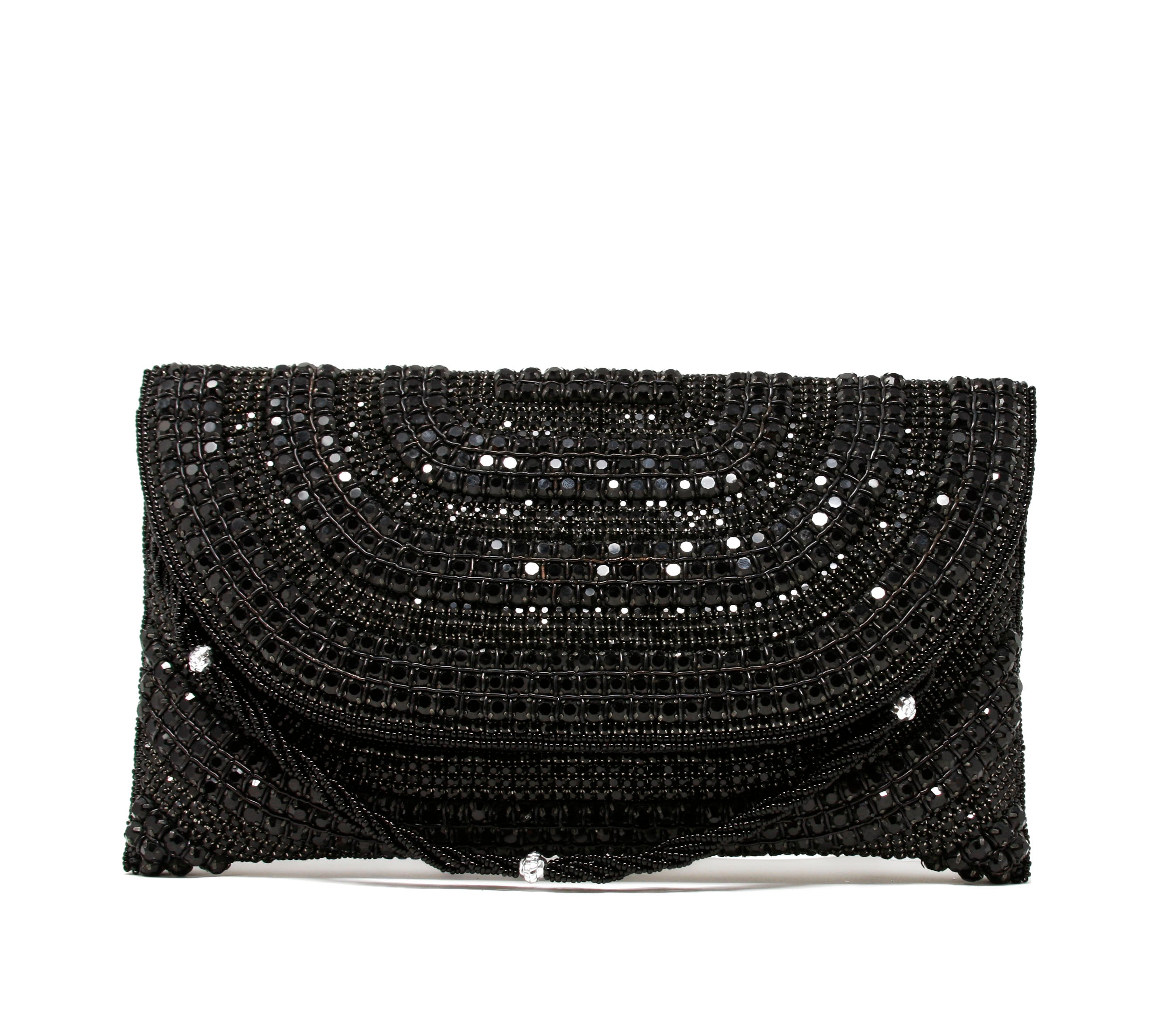 Black, twisting beaded wristlet with silver crystals evening bag embroidered with beads and rhinestones.