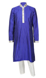 Royal blue silk kurta with silver embroidery & matched with white pants.