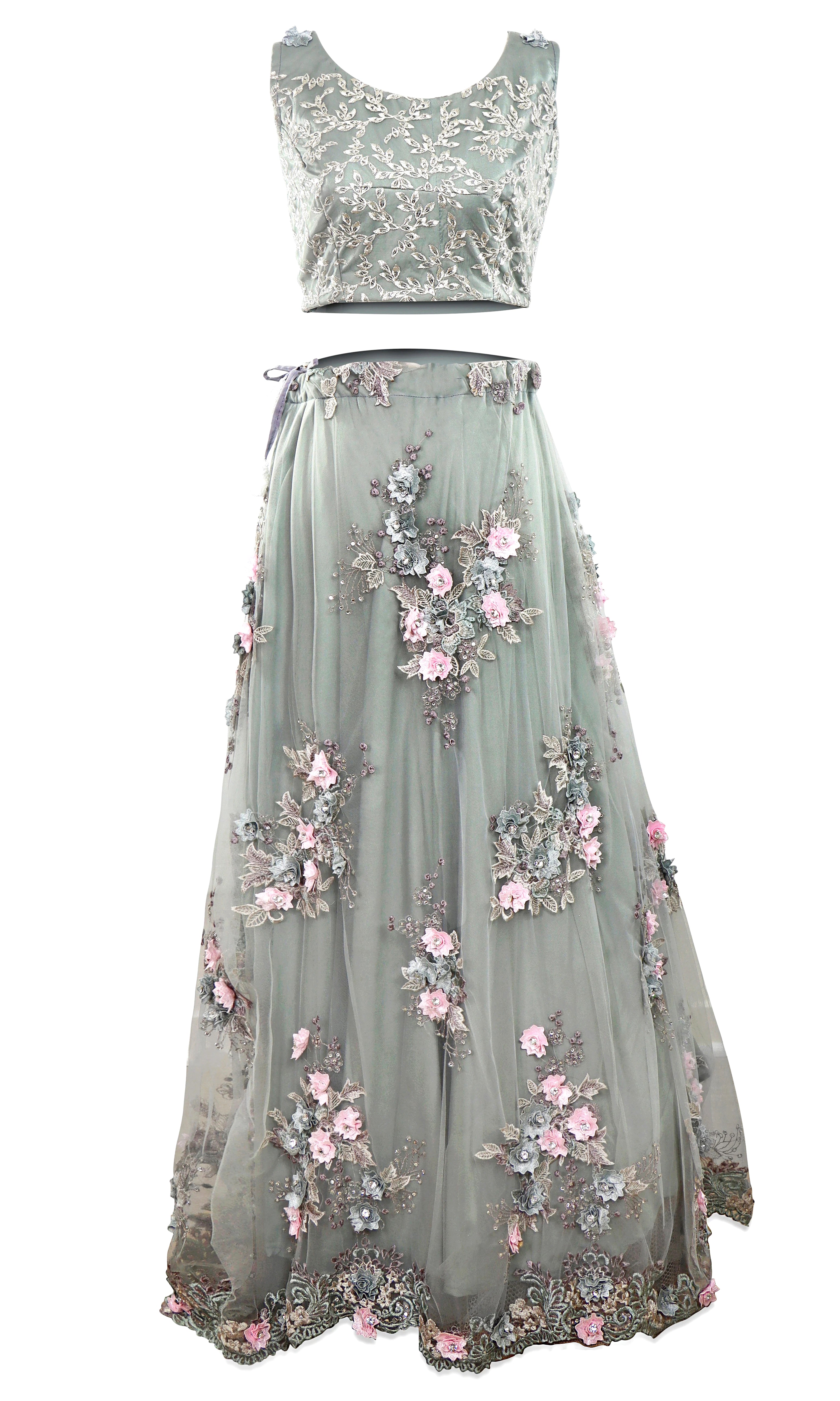 Gray net dress garnished with bouquets of floral appliqué, silver embroidery Blouse & net dupatta