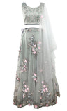 Gray net dress garnished with bouquets of floral appliqué. Beautiful blouse with silver embroidery.