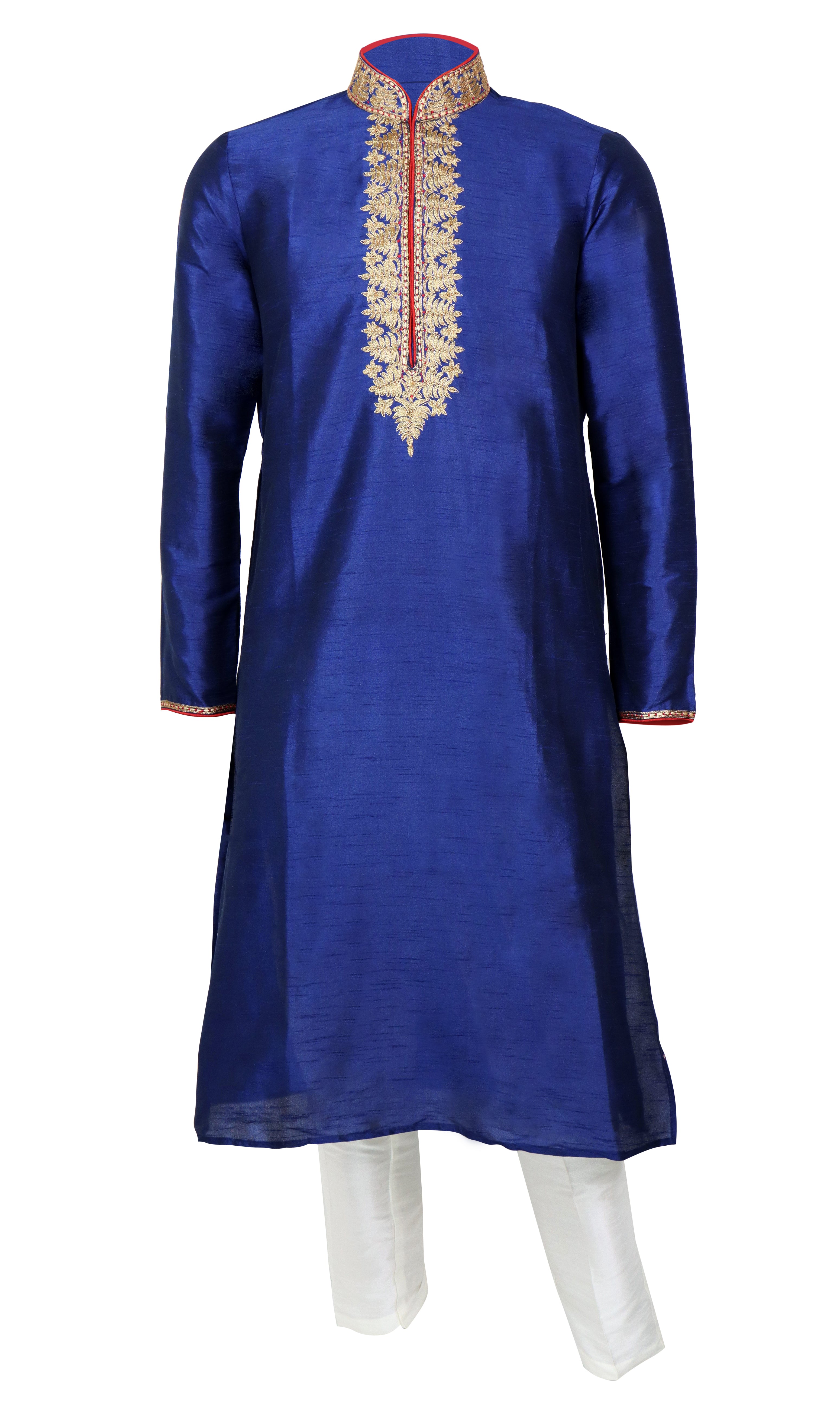 Deep blue color silk kurta gold and red embroidery through the center, paired with white pants.