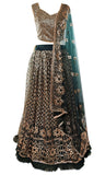Glittering, 3-piece set forest green lehenga with gold/champagne sequins placed all over.