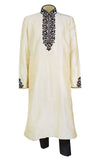 beige and black kurta with velvet embroidery around the collar.