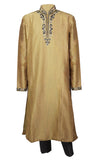 Classic gold silk Kurta with pair of black pant and charming black thread-work through the center of kurta.