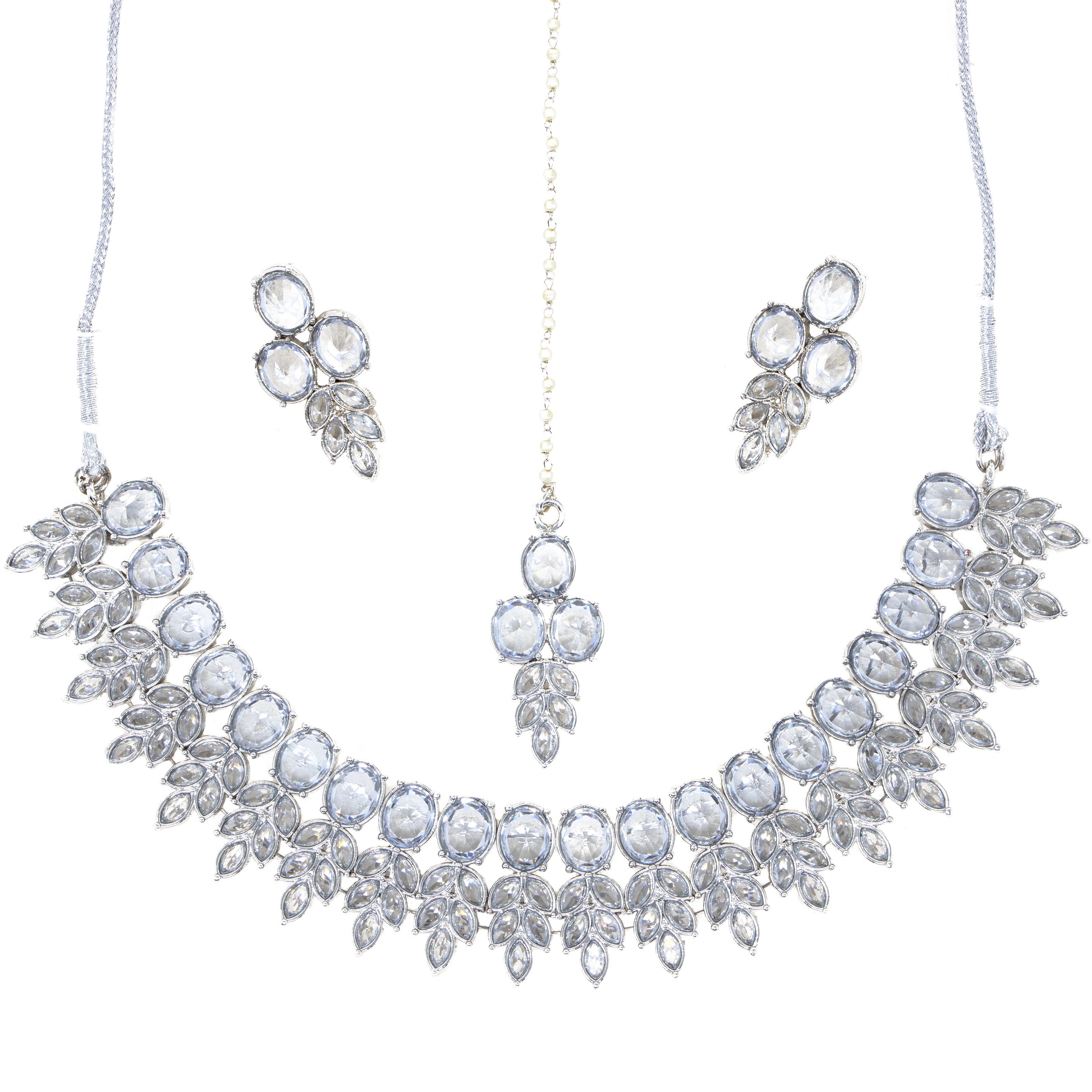 Silver 3 piece jewelry set- Necklace, earrings,& bindi with clear crystals and stones