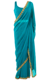 Realistic, lovely, and beautiful pre-stitched saree in cyan with gold embroidery on the borders.