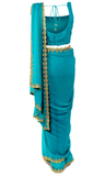  Simple, elegant, and eye-catching Cyan colored pre-stitched saree with gold embroidered borders.