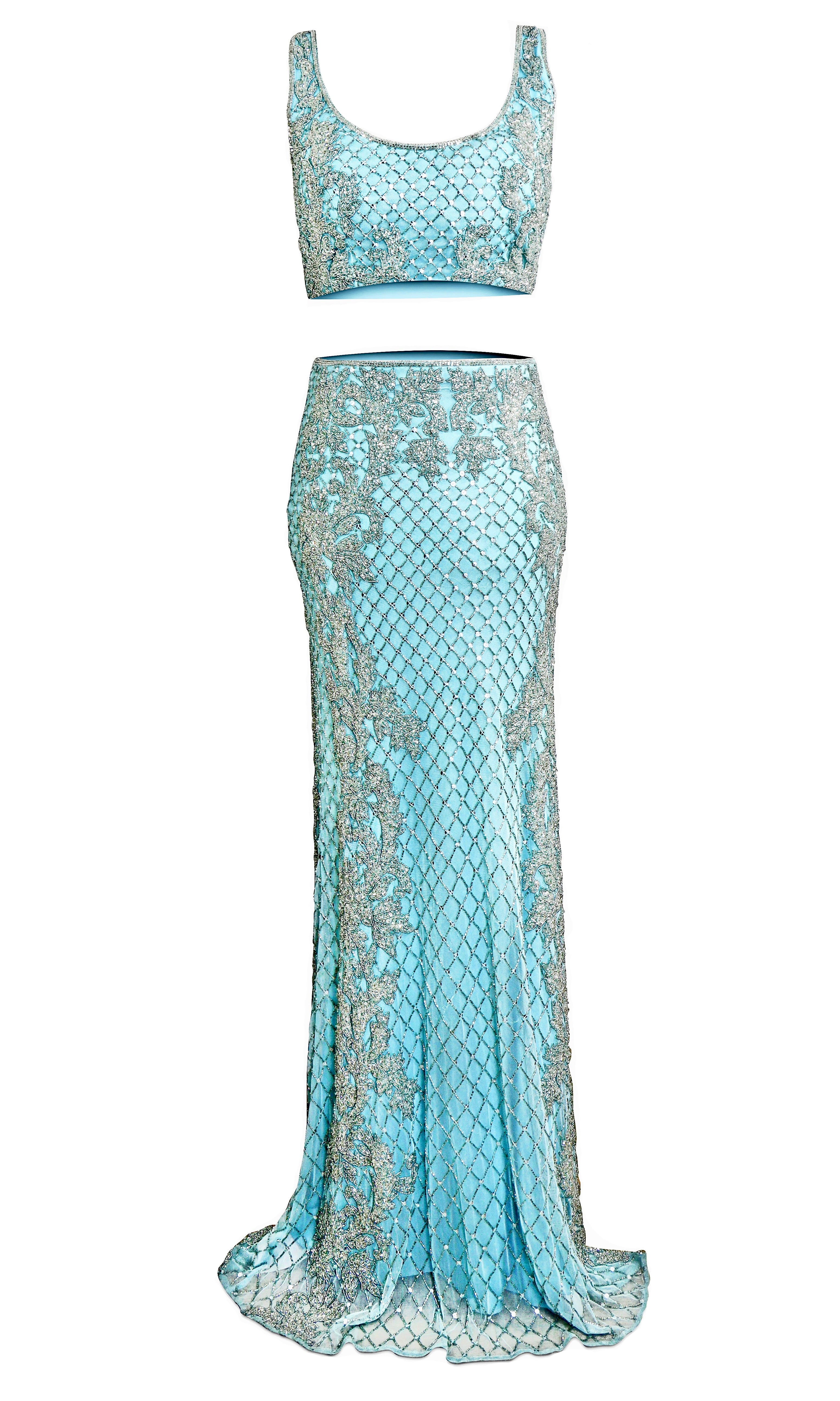 Light blue mermaid-style lehenga by Sherri Hill with long skim skirt & crop top