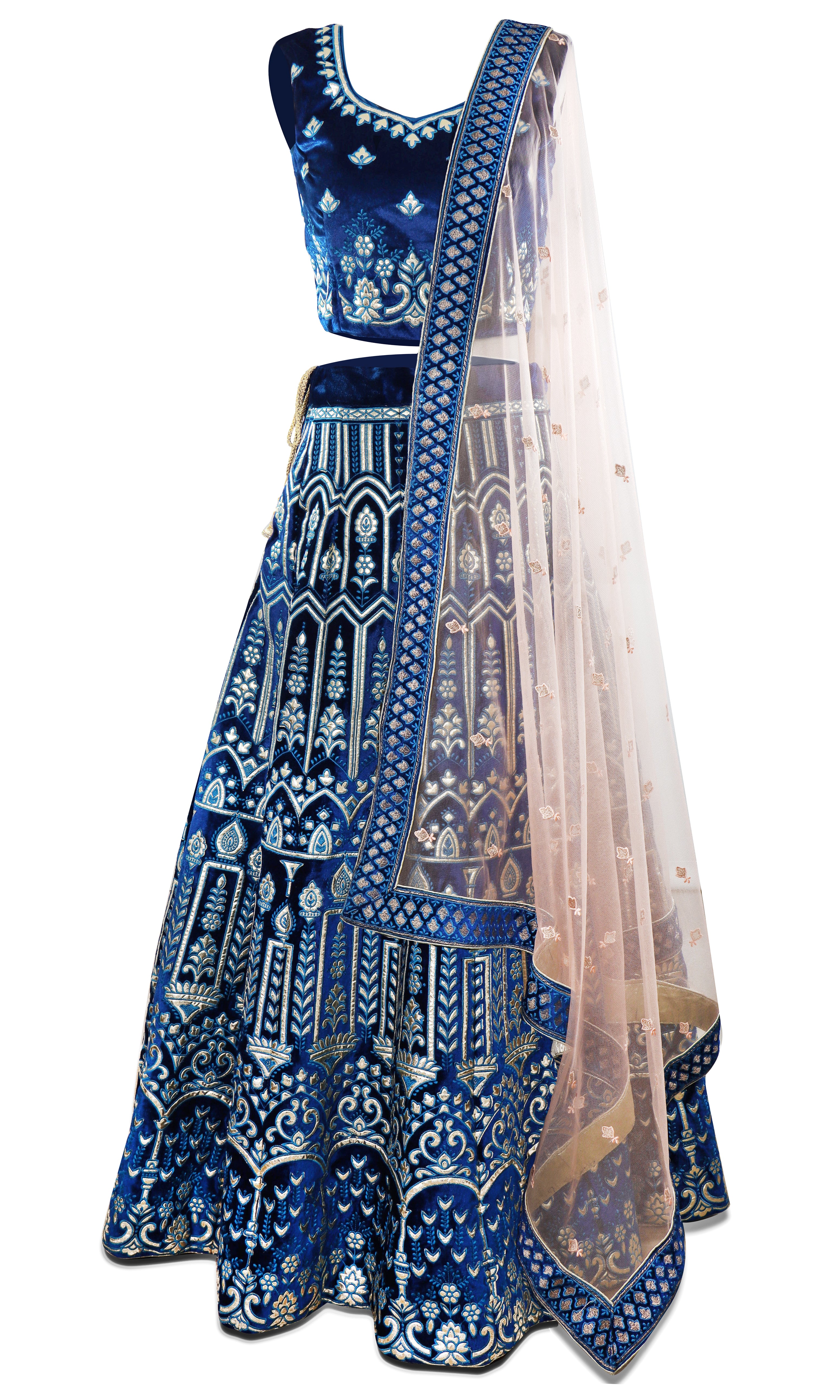 Blue velvet A line lehenga with embroidered foliage and floral patterns