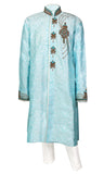Baby blue Sherwani with stunning silver, brown and blue thread-work comes with white pants