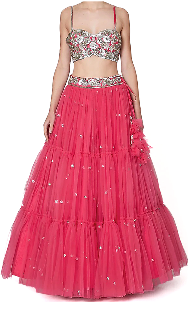 Fuchsia designer lehenga by Preeti S Kapoor embroidered with silver sequins, has a matching blouse  & tulle dupatta