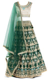 Gold embroidered Green lehenga with sleeveless blouse & dupatta with gold borders. 