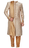 Gold silk Sherwani features an elegant jacquard foliage pattern and an asymmetrical button closure.