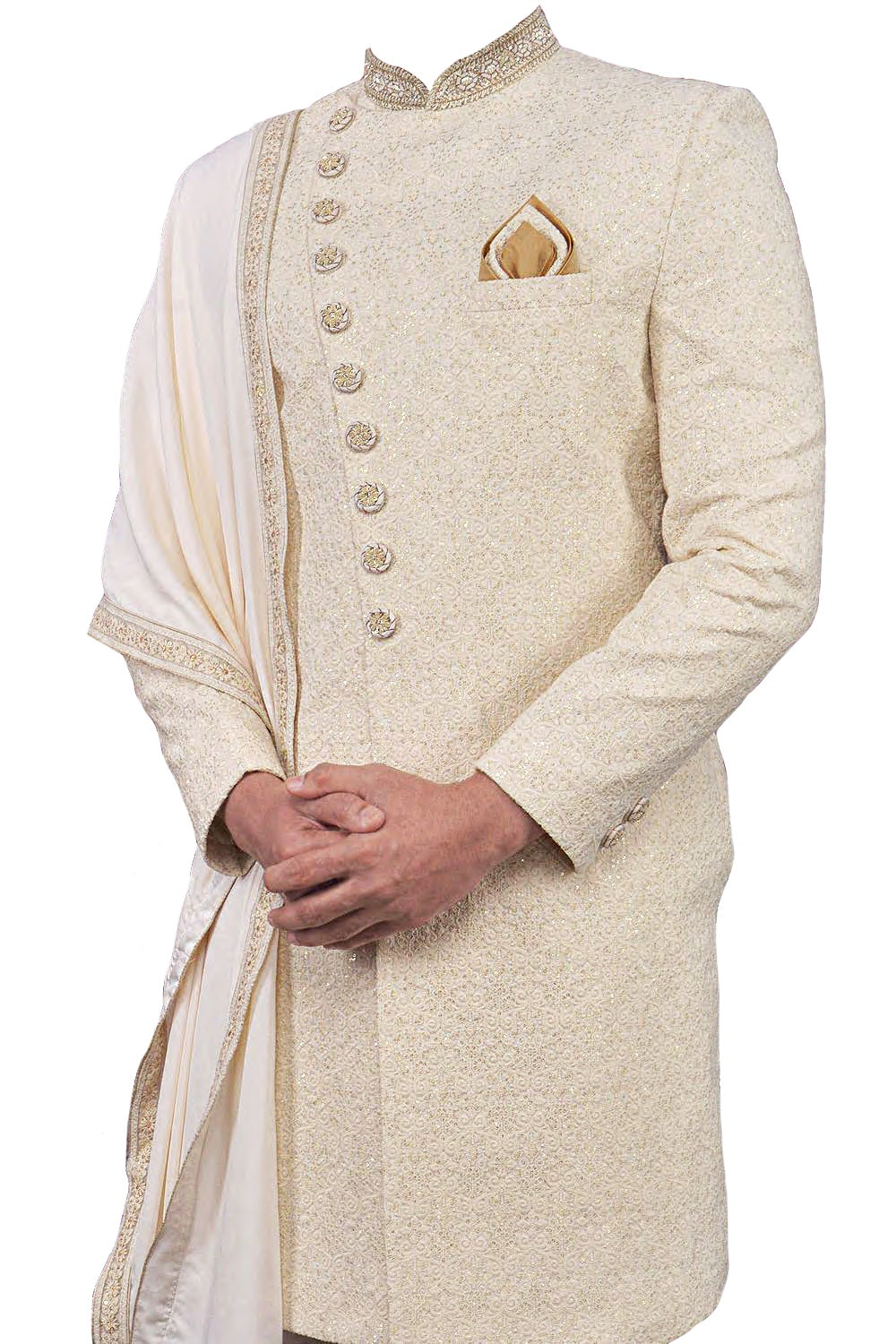 Indo-western style georgette creme/off-white colored sherwani with thread work embroidery & has shimmery white pant