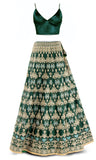 Gold embroidered Green lehenga with satin sleeveless top & dupatta with gold borders.