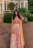 Sleeveless georgette cream multicolor lehenga with Floral blouse & matching dupatta, match with gold jewelry