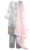 Silver pant suit includes the pants, the long kameez, and dupatta (shawl). Look at this silver fox!