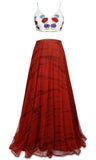 Stunning 2-piece lehenga set for any Indian event. The skirt is crimson with a gorgeous tiger pattern.