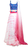Pink/White Lehenga skirt is pink and white tie dye and the material is super flowy. The dupatta is an ombre from pink to white.