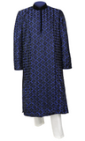 This rich kurta is blue in color, and velvet in texture. It's matched with white pants that we provide.