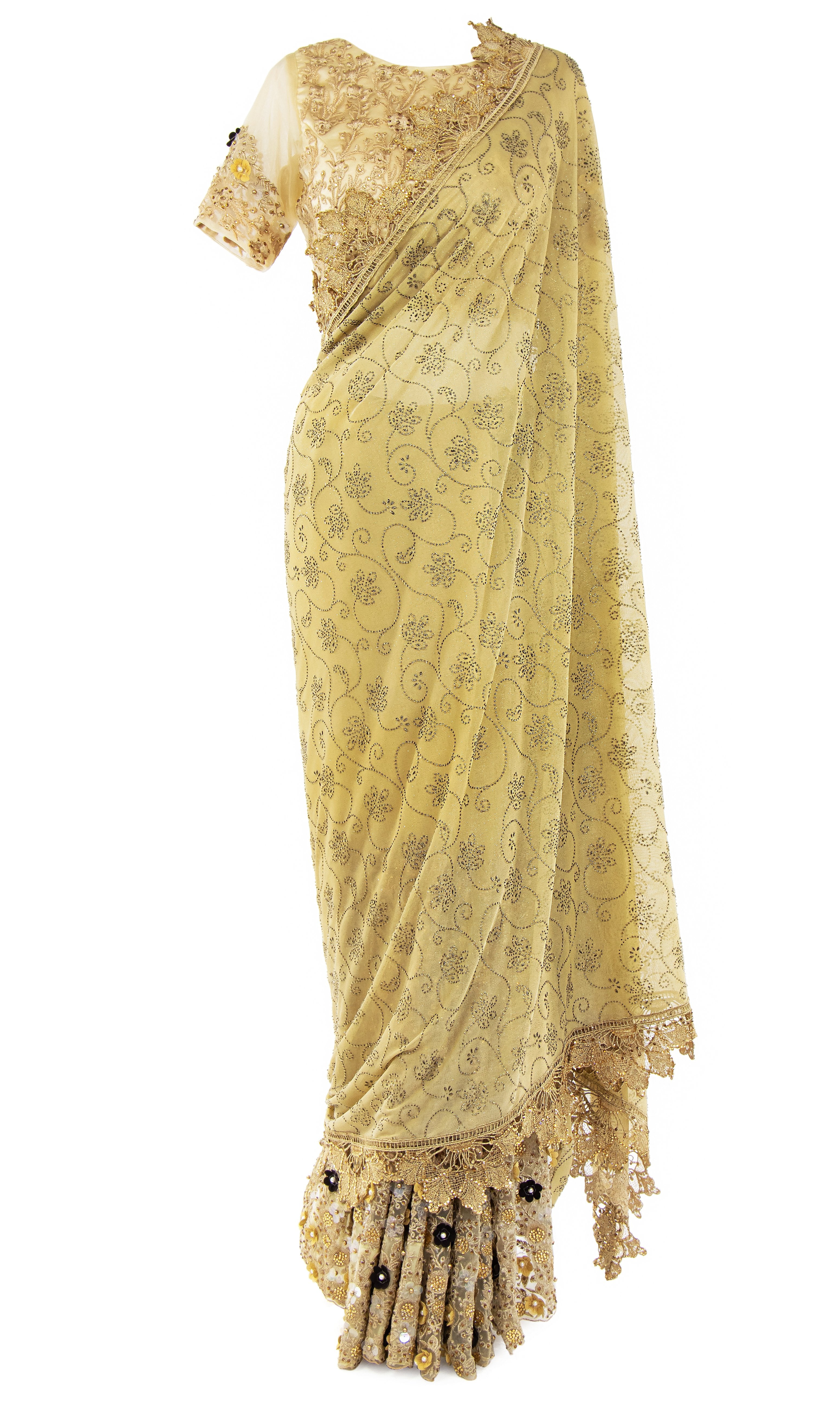 A lovely and net blouse saree  with moti work and 3D black and gold bead embroidery are created. 