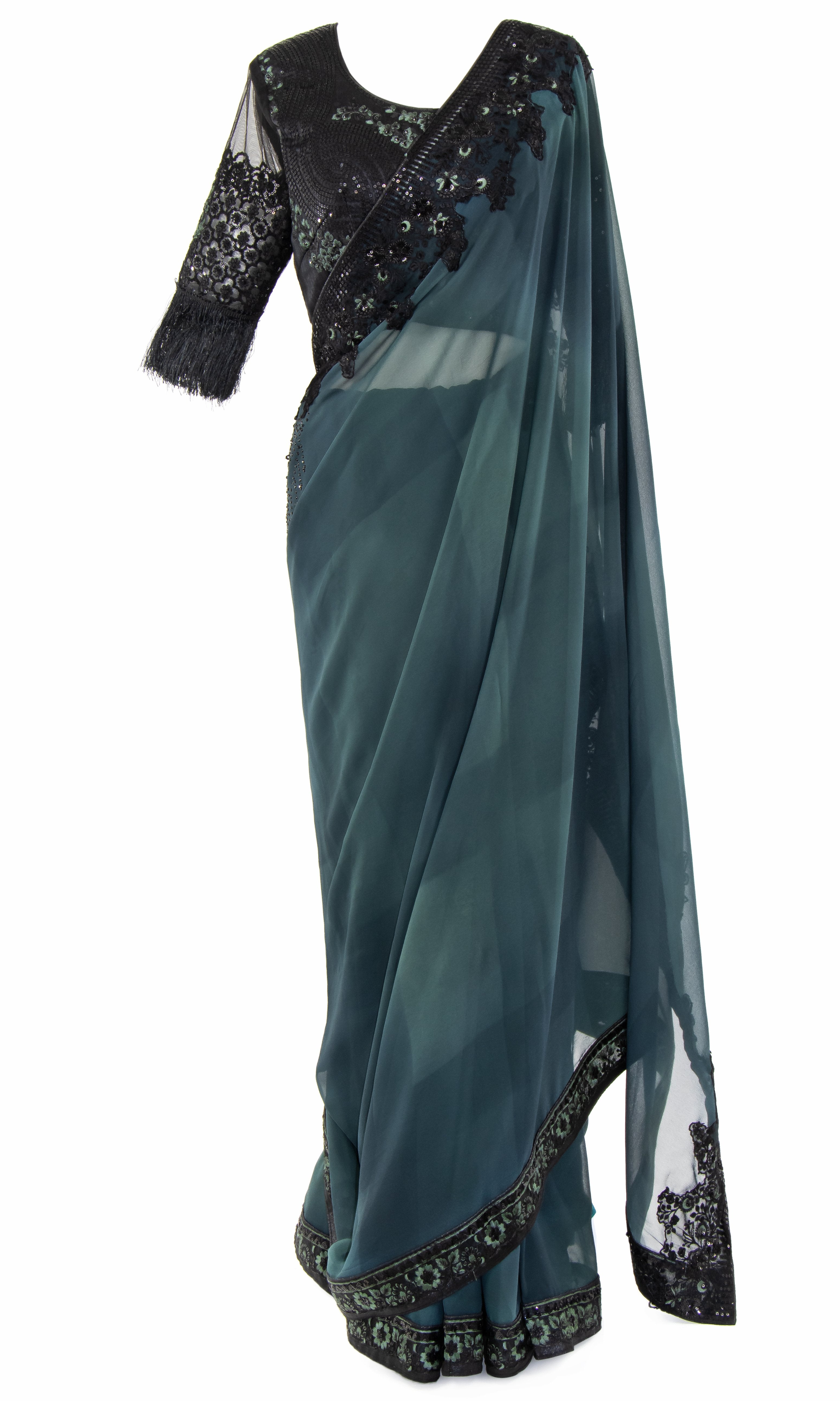 Teal printed Saree with Black sequined top & stunning black embellished border for contrast