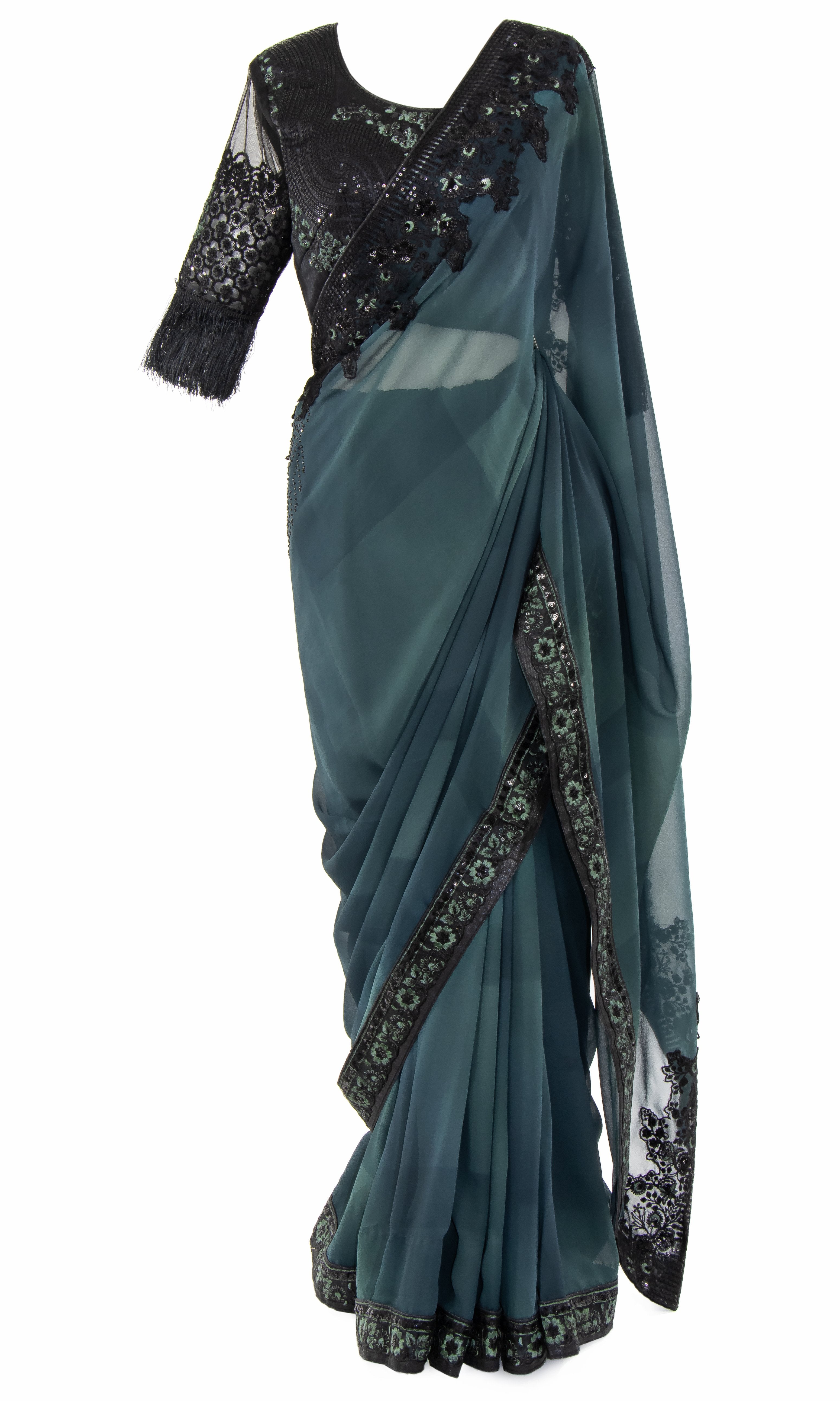 Teal printed Saree with Black sequined top that has see-through sleeves & stunning black border