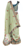 Pre-stitched Olive silk Saree embroidered with gray silk top and intricate gold cuffs