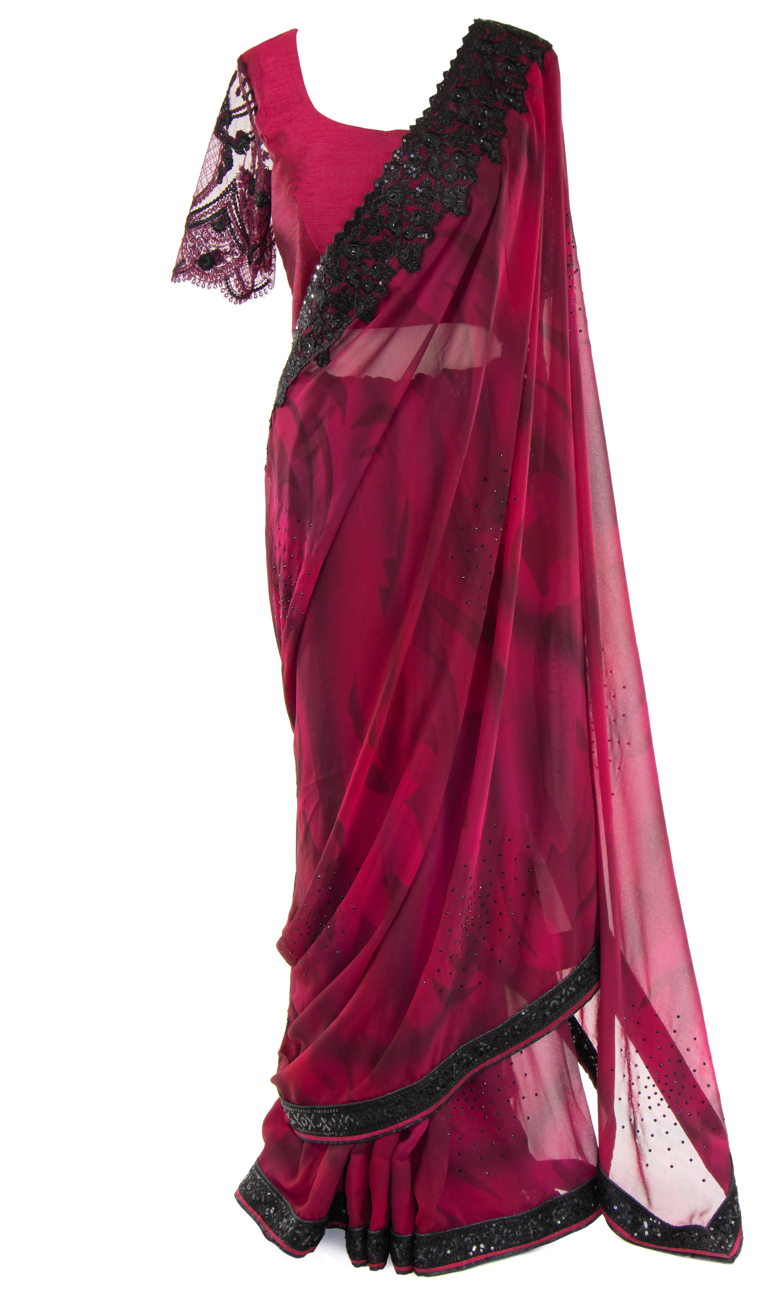 Get ready to be wined and dined. Magenta Saree is pre-pleated,Blouse is adjustable. 