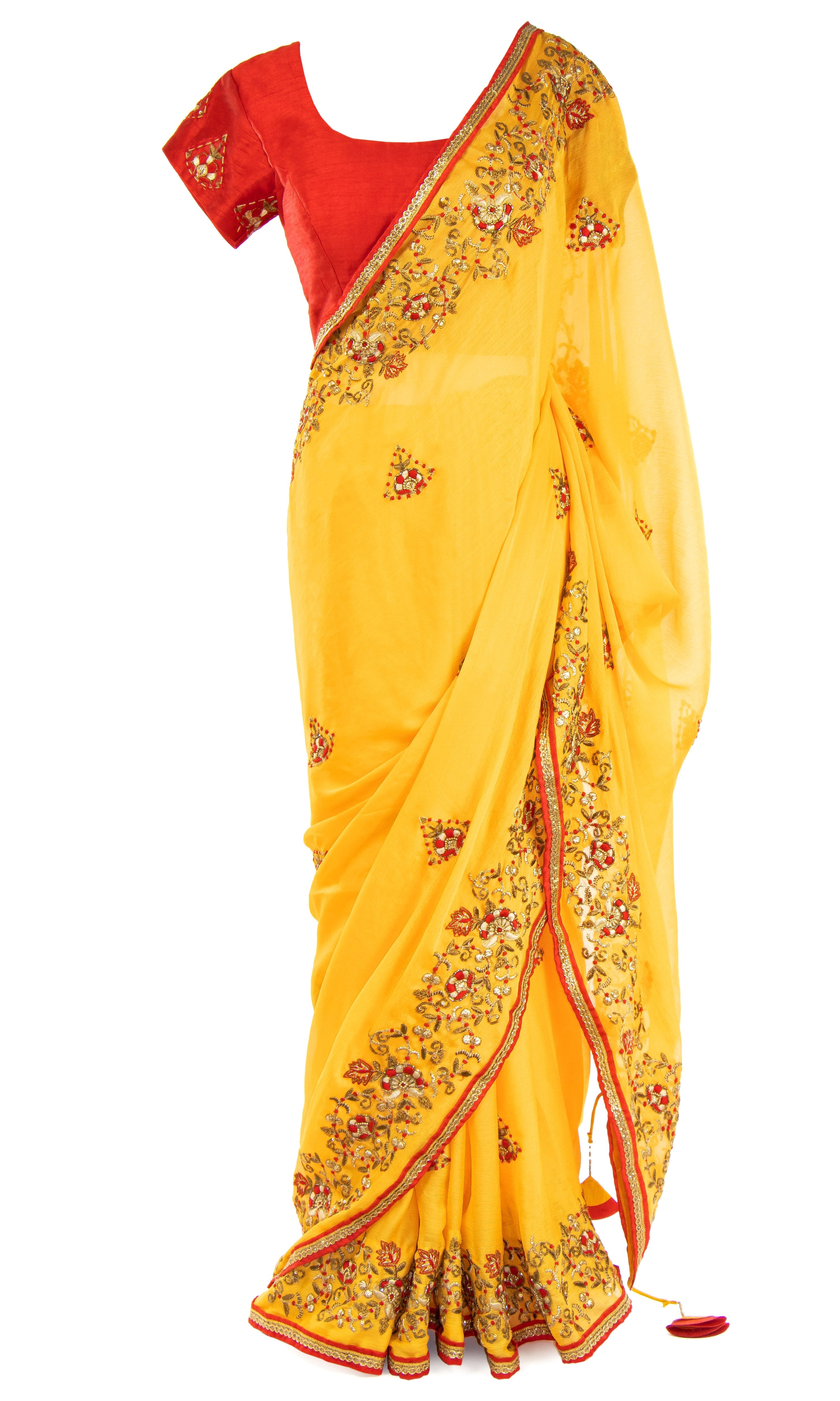 Saree is pre-pleated for your convenience. It’s paired with a yellow chiffon Saree. I see a European summer in your future.