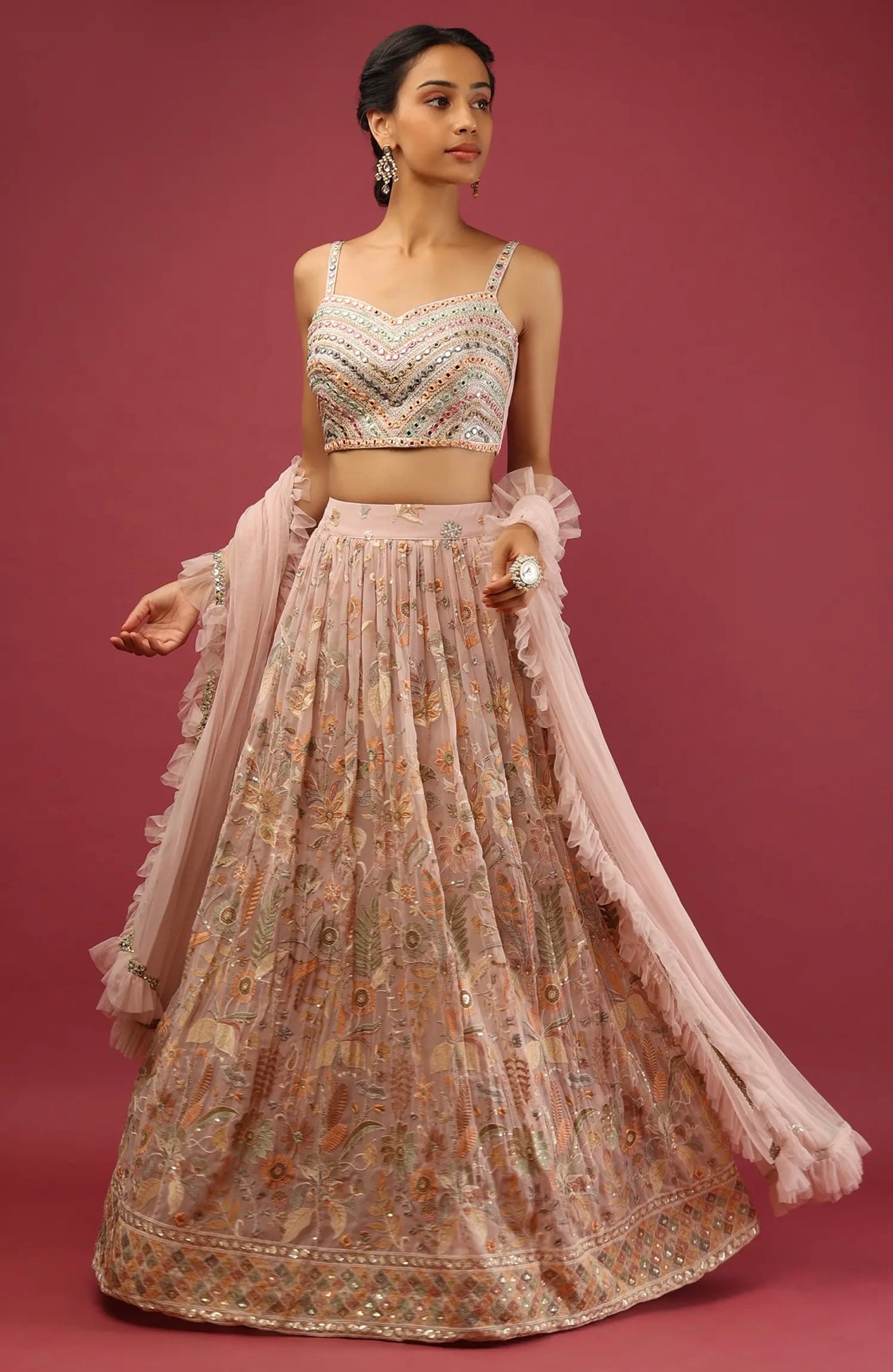 Multicolored mirror embroidery Onion Pink lehenga in georgette with sequins, ruffle net dupatta & adjustable sleeveless top.