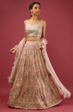 Multicolored mirror embroidery Onion Pink lehenga in georgette with sequins, ruffle net dupatta & adjustable sleeveless top.