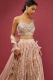 Multicolored embroidery Onion Pink lehenga in georgette with sequins, ruffle net dupatta & adjustable sleeveless top.