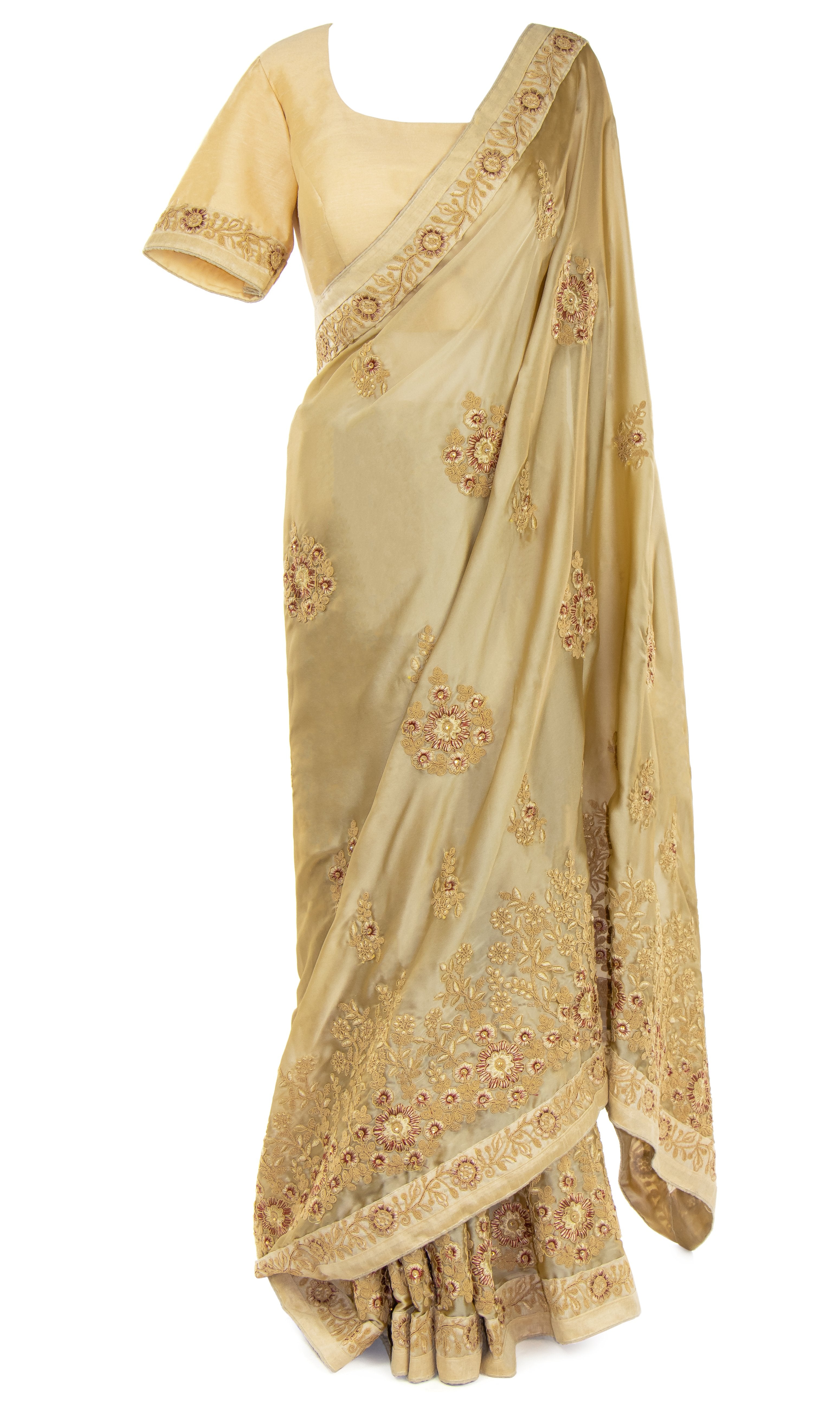 Silky-smooth beige classic satin silk top paired with a matching Saree embellished with gorgeous stonework