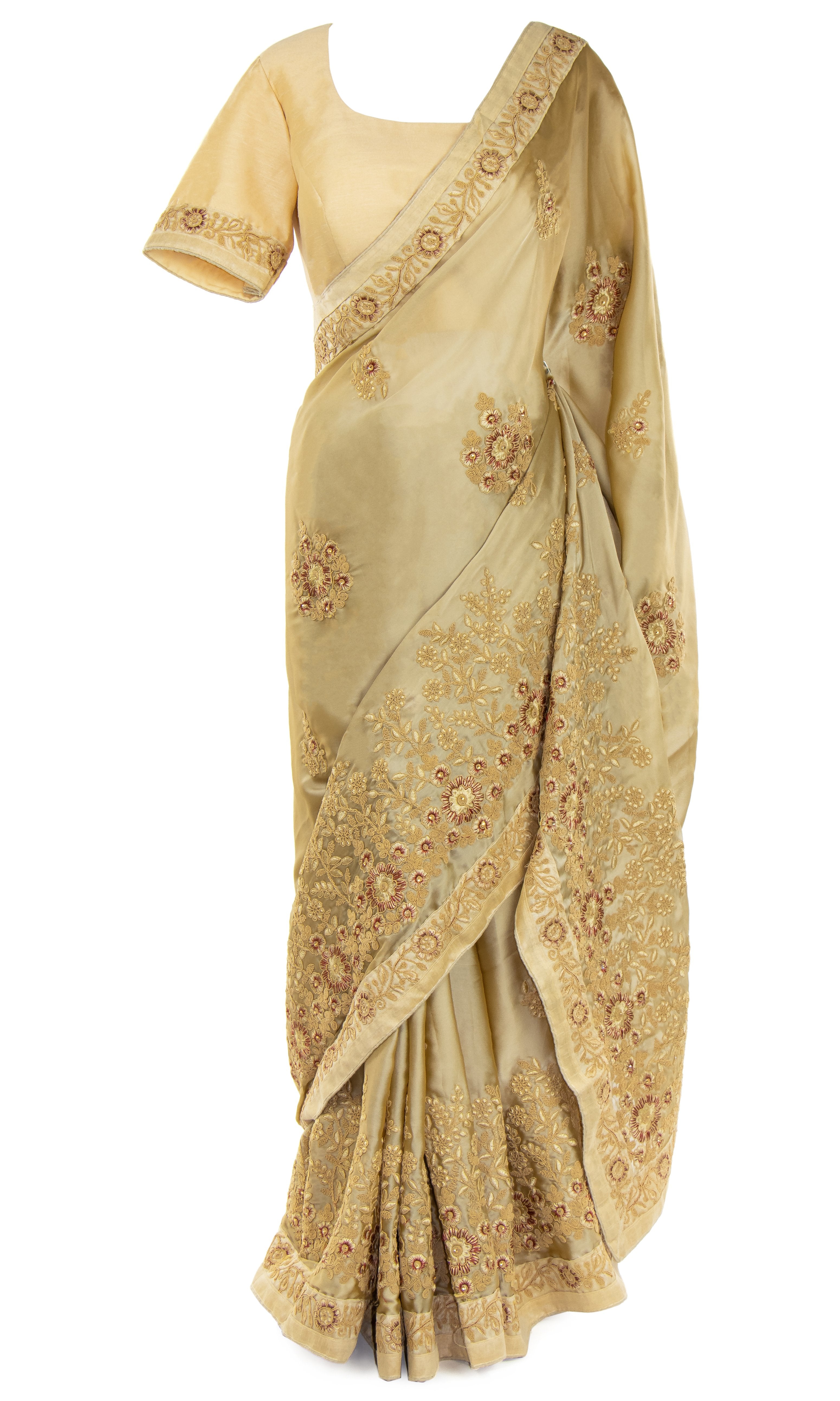 Classic satin silk top paired with a matching Saree embellished with gorgeous gold and maroon florals and stonework.