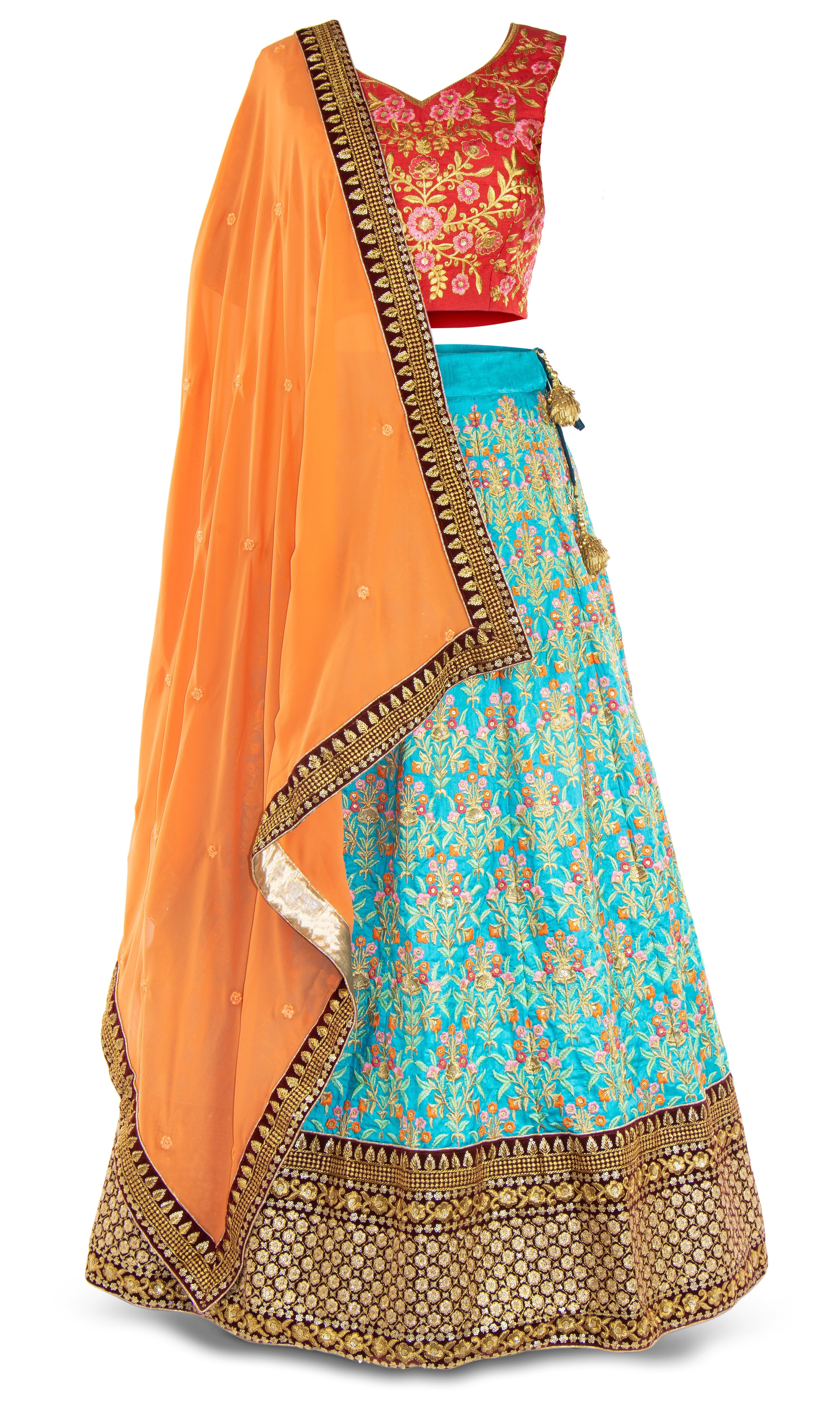 Contrasting blue lehenga A-line skirt embroidered with a kaleidoscope of florals and a gold tribal border.