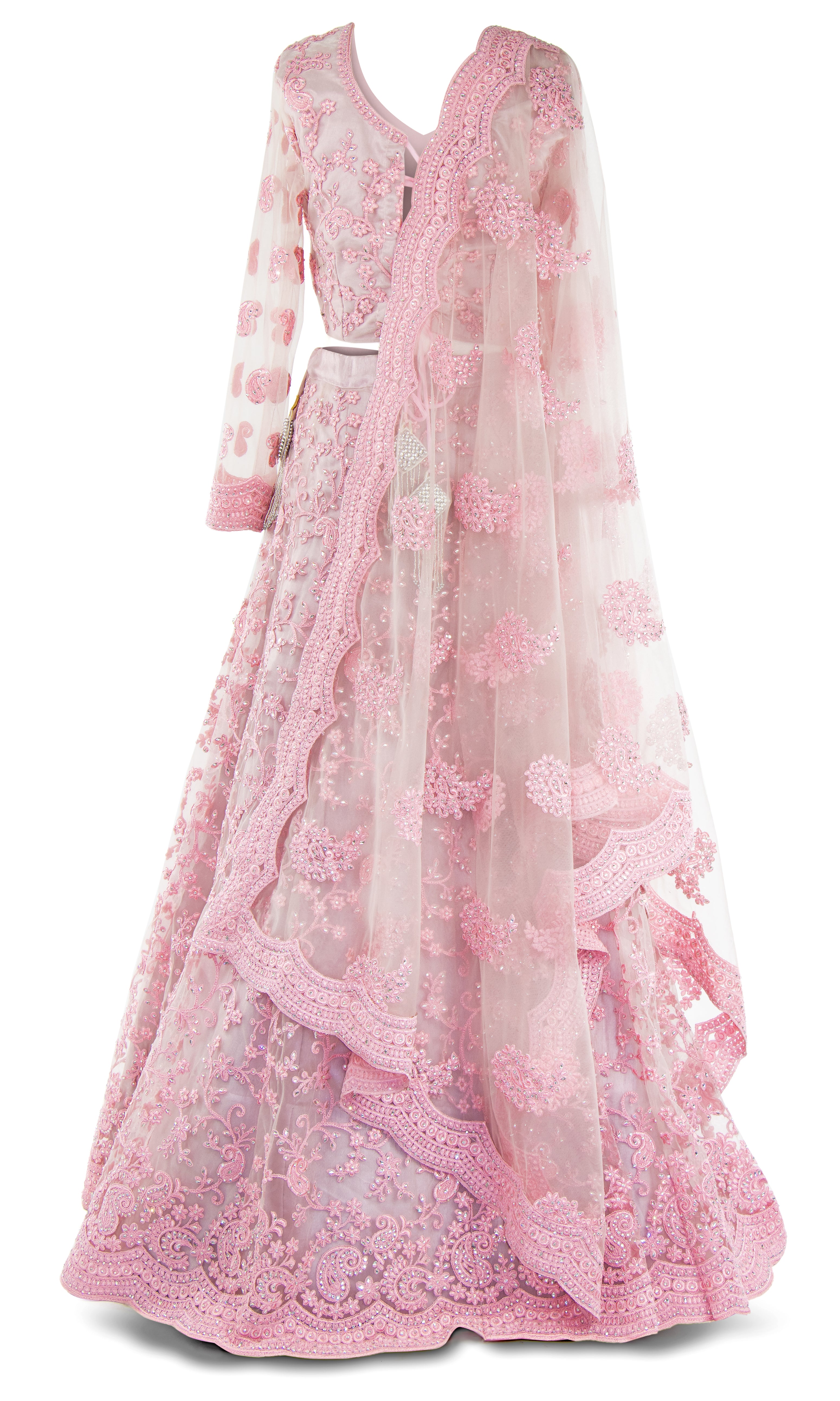 Satin silk top with net sleeves embroidered with paisley & pink florals shimmering crystals. Paired with A- line skirt.