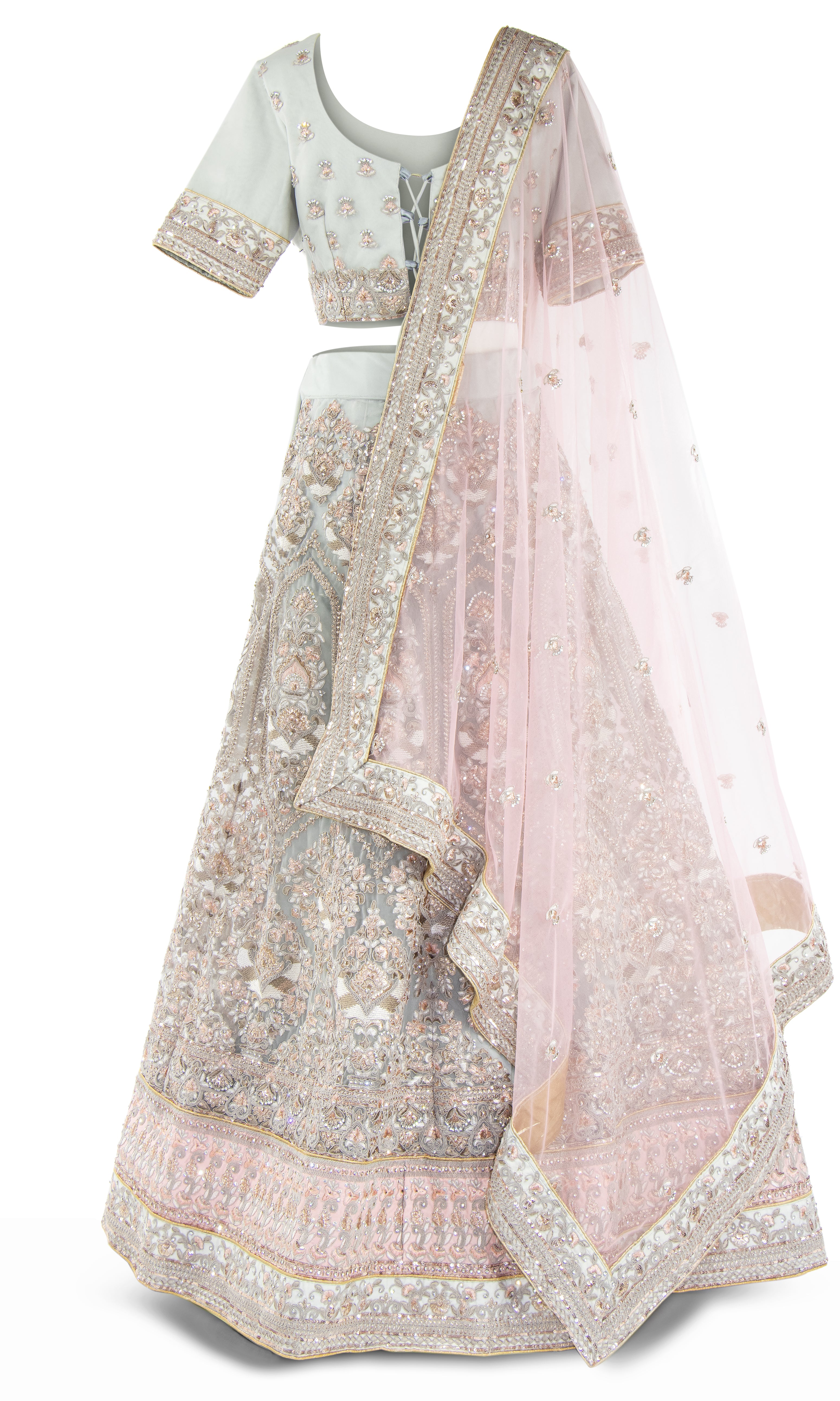 Gray silk lehenga with pastel pink embroidery comes with matching top & pink dupatta