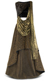 Black and gold sequined top paired with a brown and gold patterned skirt 