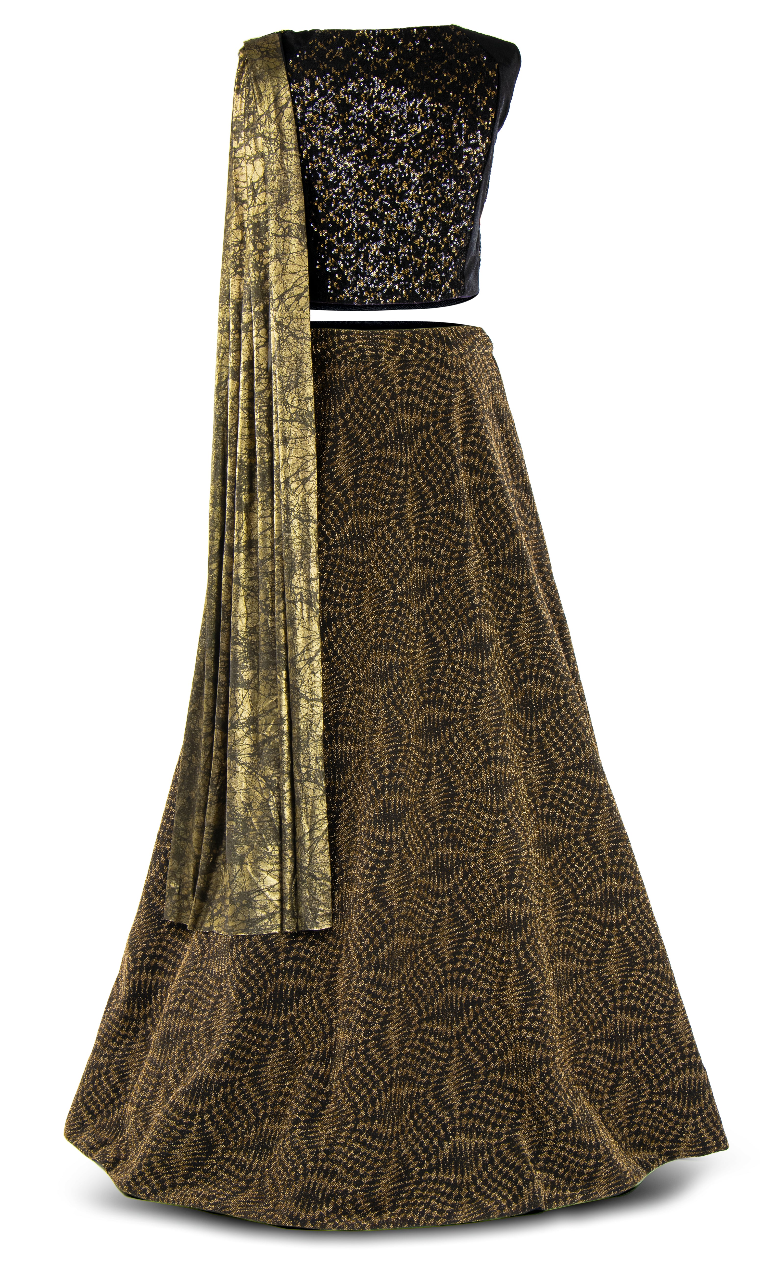 Black and gold sequined top & a gold cowl drape paired with a brown and gold patterned skirt 