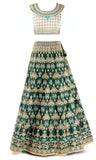 Gold embroidered Green lehenga with white satin sleeveless top & dupatta with gold borders. 