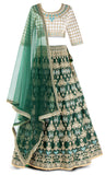 Gold embroidered Green lehenga with white satin top & dupatta with gold borders. 