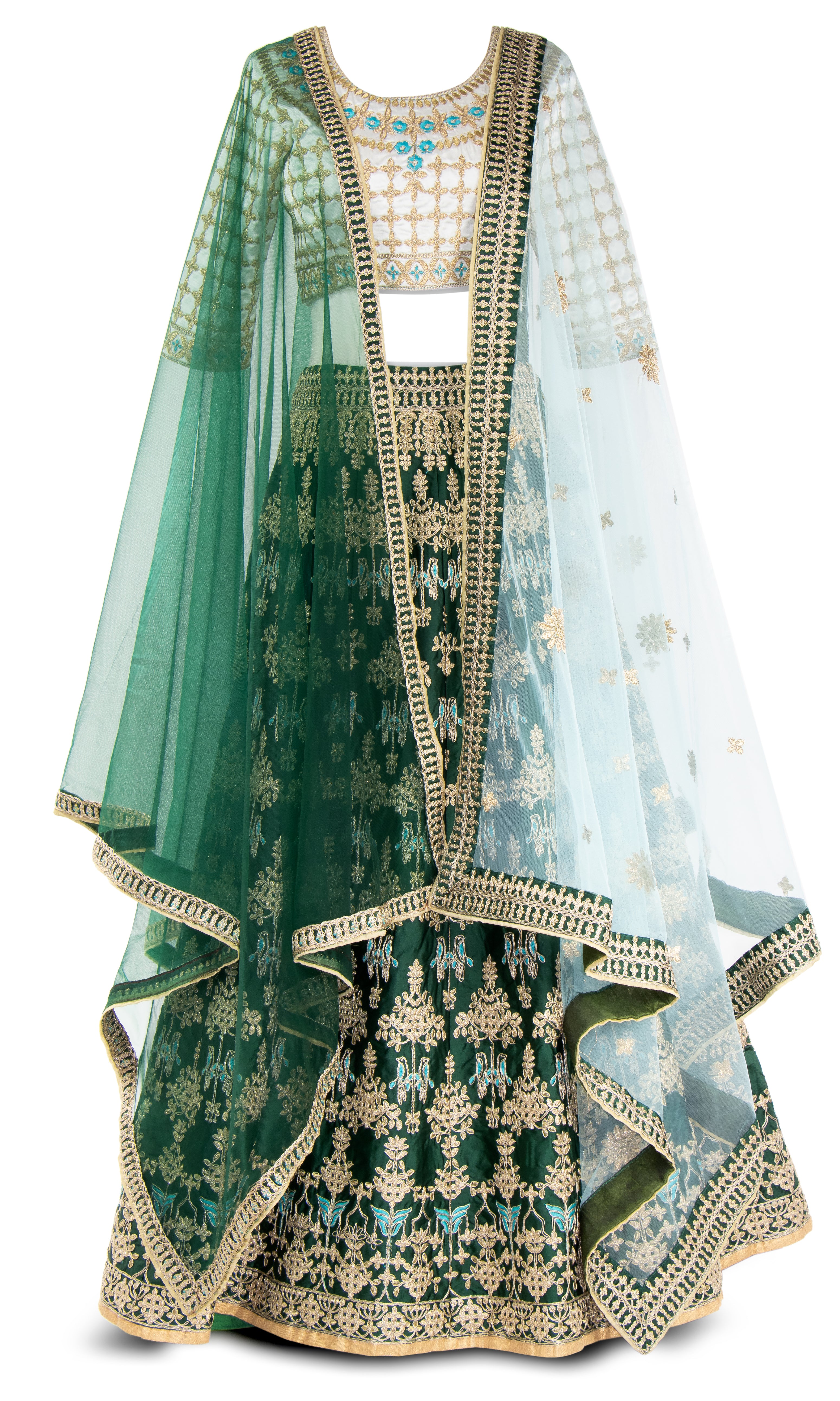 Gold embroidered 3 piece Green lehenga with white satin top & green or cyan dupatta with gold borders. 